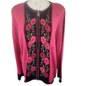 Napa Valley embroidered Poinsetta floral zipup Sweater XL
